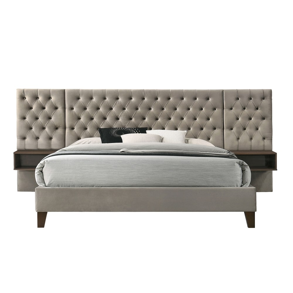 Upholstered Wall Panel Bed with 2 Floating Nightstands in Light Brown