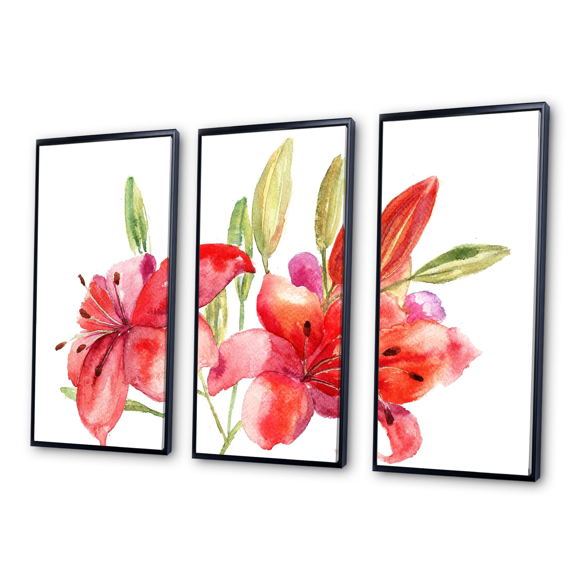 Designart "Lily Flowers" Floral Framed Wall Decor Set of 3 4 Colors