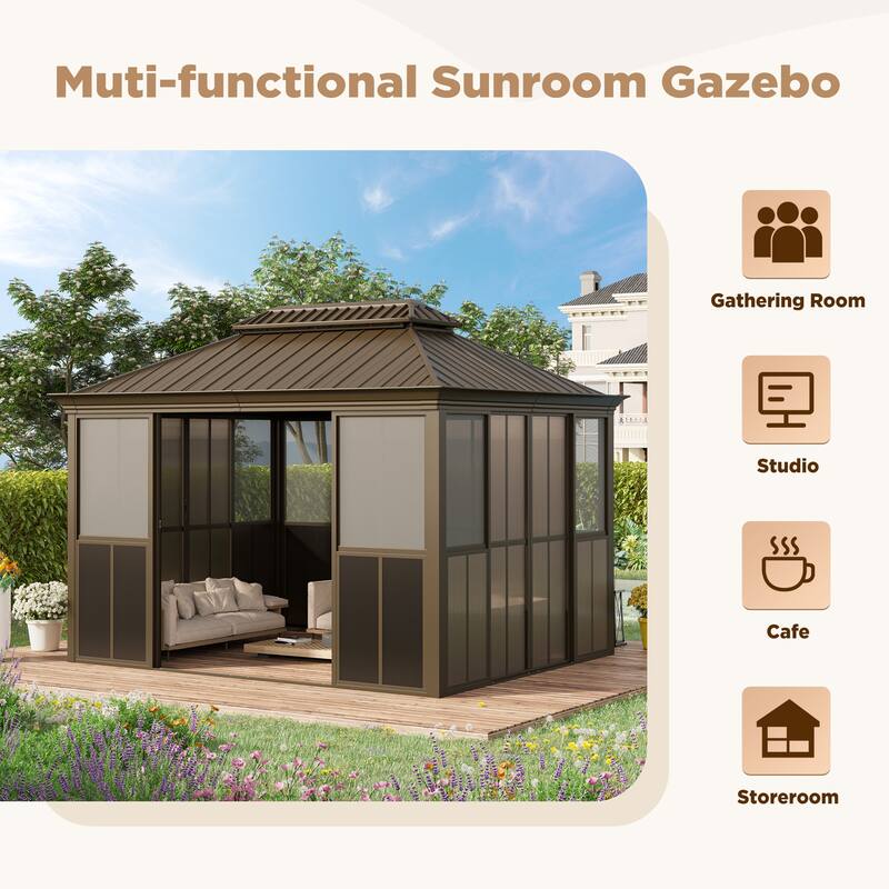 Hardtop Gazebo with Double Steel Roof, Sliding/Lockable Doors & Screens - All-Season Rustproof Aluminum Frame，Advanced Drainage