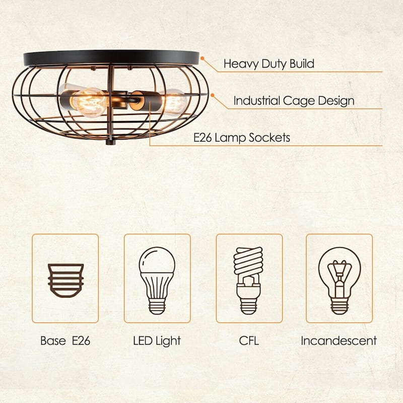 Semi Flush Mount Ceiling Light with Industrial Retro Design - 15.5" x 15.5" x 8" (L x W x H)