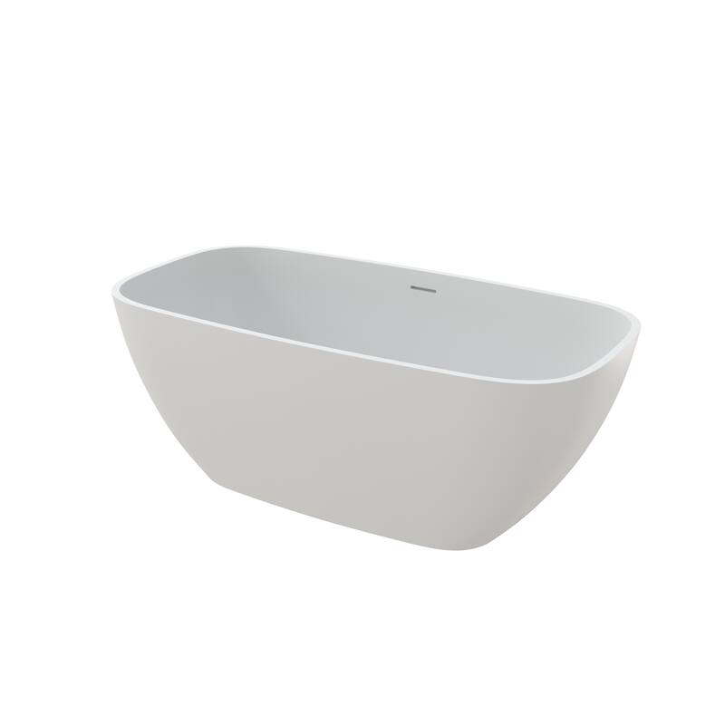 59 in. Freestanding Solid Surface Soaking Bathtub in Matte White, Modern Oval Design with Center Drain