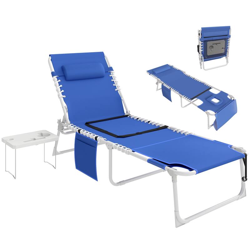 Outsunny Tanning Chair with Face Hole, Side Table, 5-Position Reclining Folding Chaise Lounge Chair