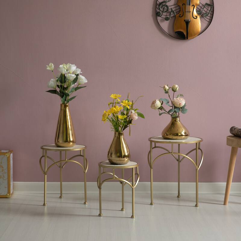 Decorative Gold Metal Round Plant Stand, Modern White Marble Look Top Display End Side Table, Set of 3 - Set of 3
