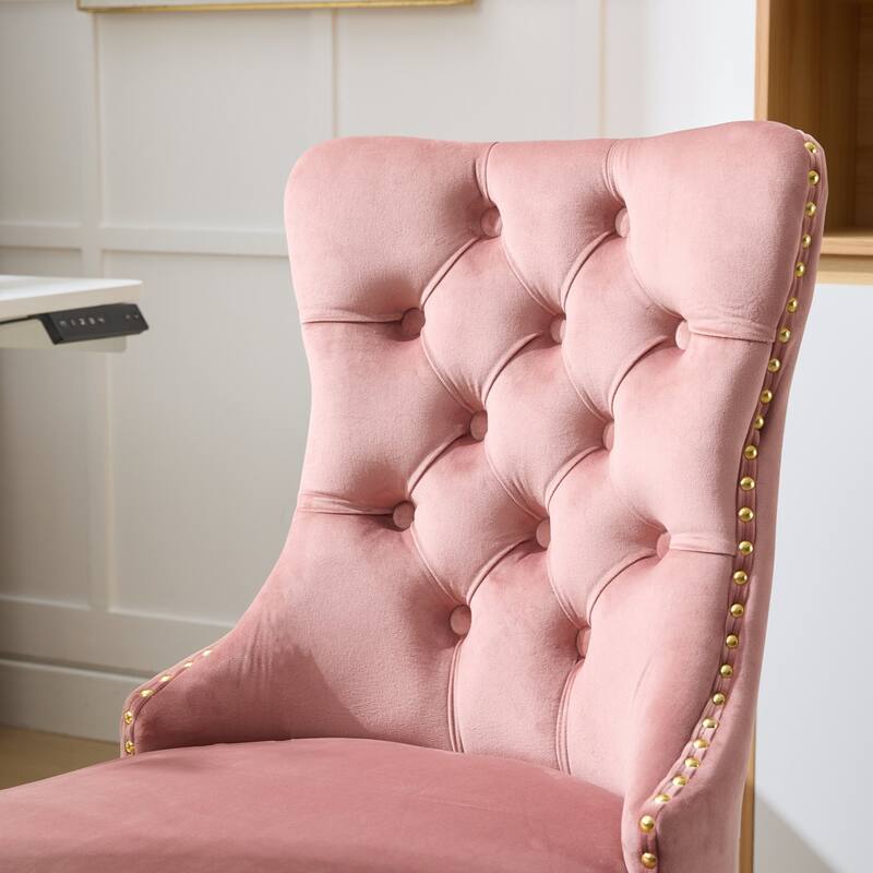 A&A Gray Velvet Tufted Home Office Chair with Golden Metal Base - Adjustable Swivel Desk Chair