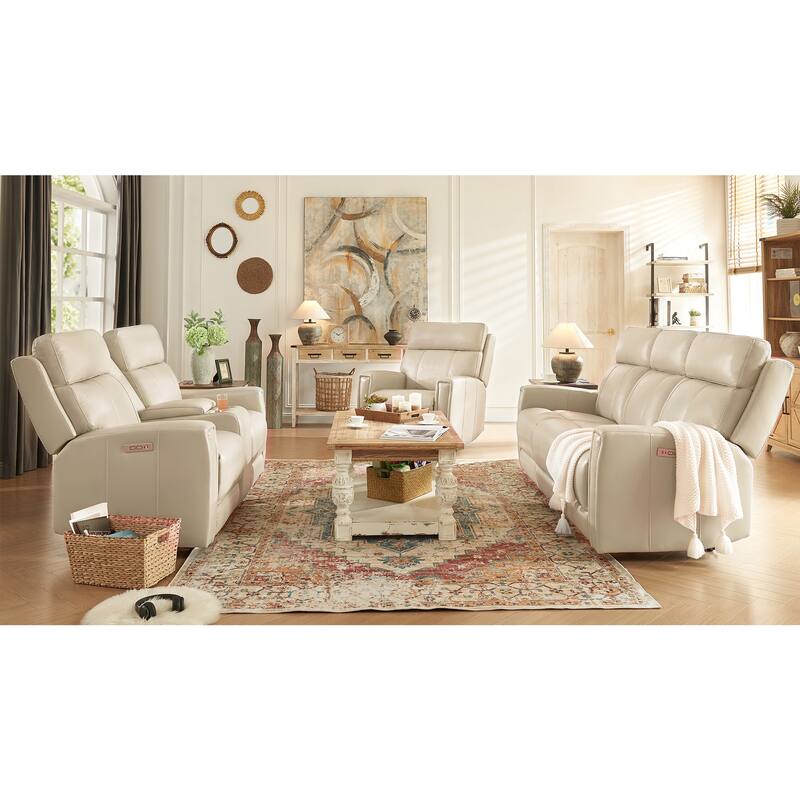 Genuine Leather 3-Piece Power Reclining Sofa Set with Power Headrest and USB&USB-C Port, Zero Gravity - Cream
