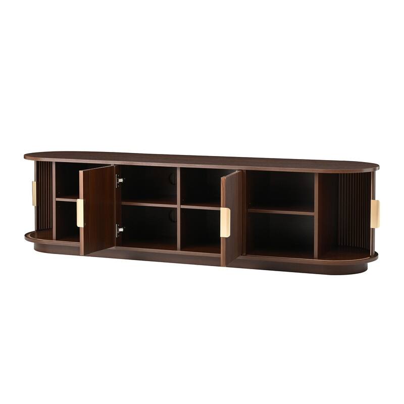 Farmhouse TV Stand with Sliding Tambour Door for 75-Inch TVs, Fluted Media Console with Adjustable Shelves and Golden Handles