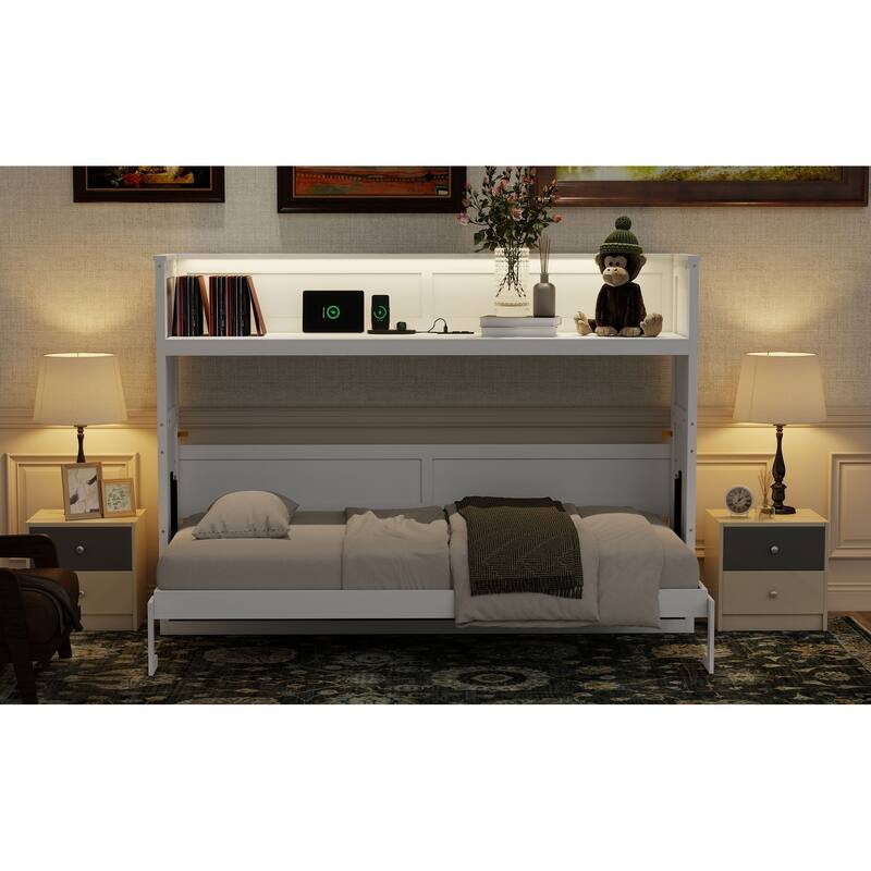 Twin XL Size Solid Wood Murphy Bed with Desk, LED Light and USB Charging Station, Hidden Convertible Folding WallBed for Bedroom