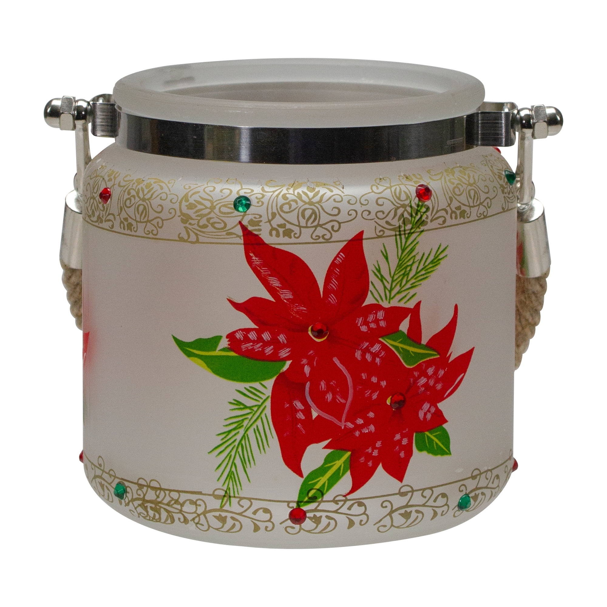 4" H-Painted Red Poinsettias Gold Flameless Glass Candle Holder