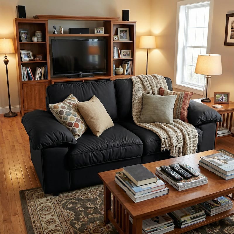 Roomfitters Modern Overstuffed Upholstered Loveseat with Padded Pillow Arms, Comfortable 2 Seater Couch for Living Room