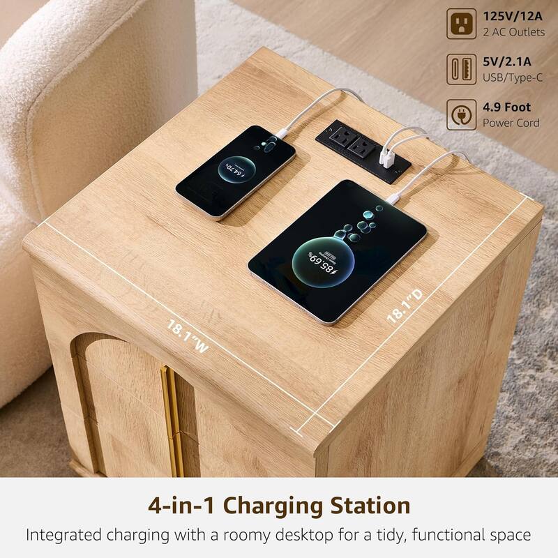 Modern Arched 3 Drawers Nightstand with Charging Station, Side Table