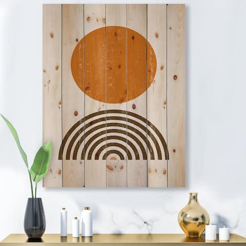 Designart 'Abstract Minimal Orange Sun and Rainbow I' Modern Print on Natural Pine Wood