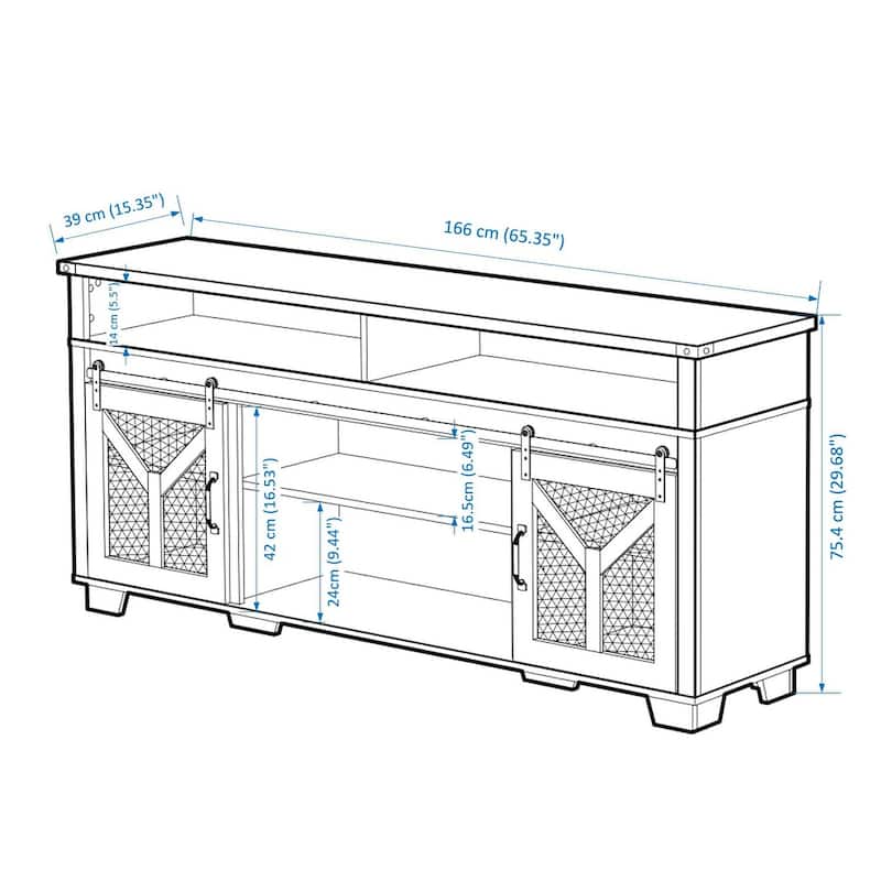 Country Style TV Stand LED TV Stand with Lron Mesh Barn Door and Y Decorative Strip, for Living Rooms, Antique Gray
