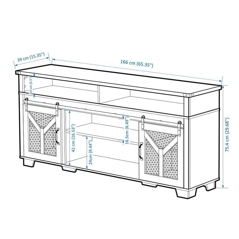 Country Style TV Stand LED TV Stand with Lron Mesh Barn Door and Y Decorative Strip, for Living Rooms, White+Walnut