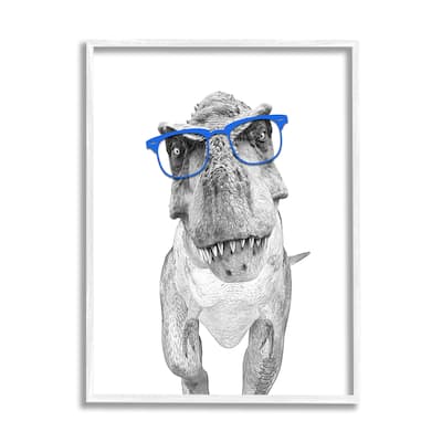 Stupell Adorable Monochrome T-Rex Dinosaur Blue Glasses Illustration by Annalisa Latella Framed Wall Art