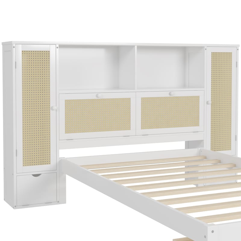 Rattan Platform Bed Wooden Wingback Bed Frame with 2 Storage Lockers, Drawer, and Storage Shelf on Headboard
