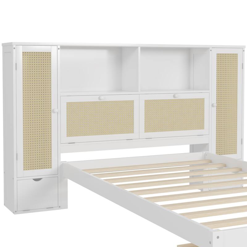 Twin Platform Bed with Rattan Accents, Built-In Headboard Shelf, Drawer, and 2 Storage Cabinets, Wooden Frame