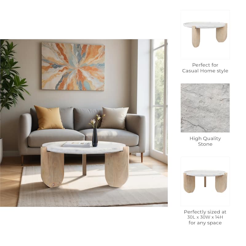 Modern Mango Wood and Marble Accent Table with Stone Top Casual Style