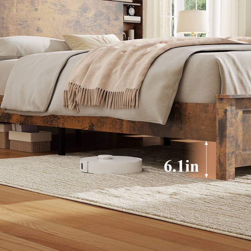 alazyhome Wooden Platform Storage Bed Frame with Charging Station, LED Lights & Bookcase