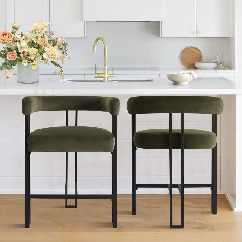Velvet Upholstered Counter Stool - Set of 2 - Green 2
