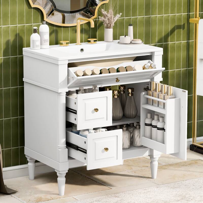 Roomfitters 30" Bathroom Vanity with Sink, Solid Wood Frame, Flip Drawer, 2 Drawers & Door Rack