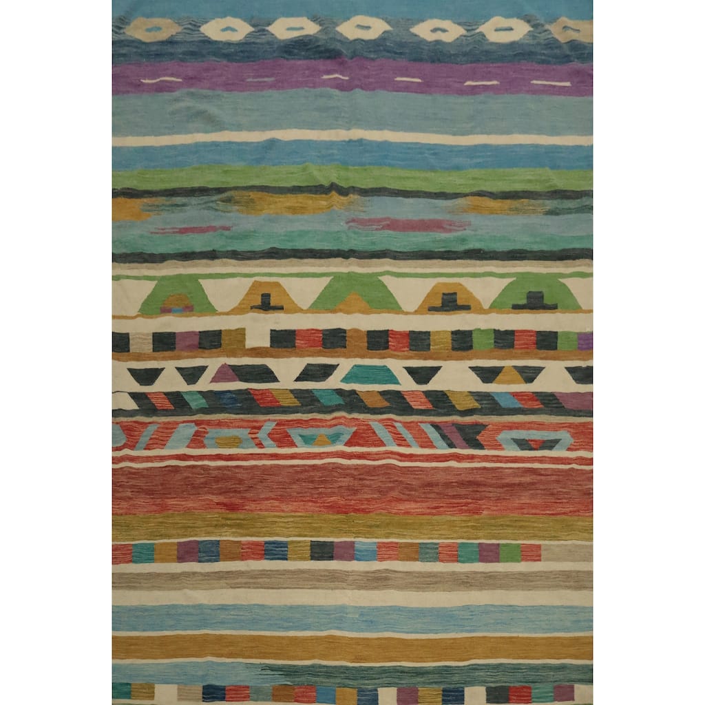 Hand Woven Oriental 100% Wool Carpet Southwestern Modern Multi-Colored Kilim Area Rug - 10' 0'' X 8' 2''