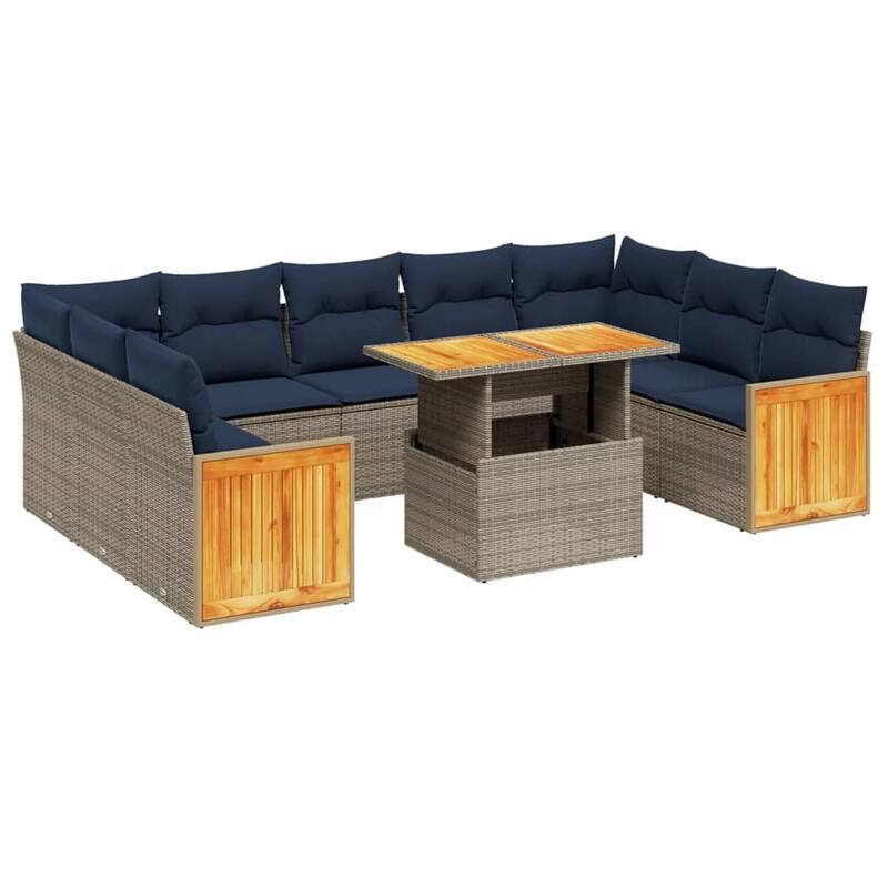 vidaXL 10 Piece Patio Sofa Set with Cushions Black/Gray Poly Rattan Acacia - 21.7 x 24.4 x 27.2