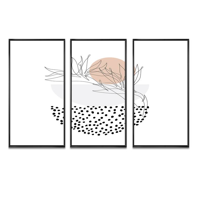 Designart "Abstract One Line Art Tropical Plants I" Tropical Framed Wall Decor Set of 3 4