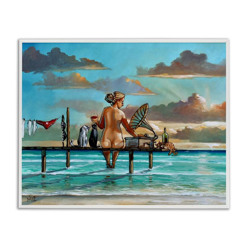 Stupell Woman & Cats Beach Sunset Framed Giclee Art Design By Ronald West - 14 x 11 - White