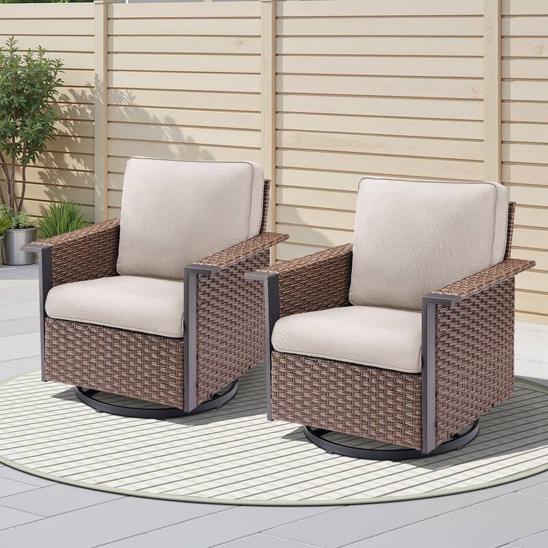Pocassy Outdoor Wicker Sofa Glider Chair with Ottoman Set - Brown Wicker Beige Cushion - 2-Piece Swivel Chair with Cushion