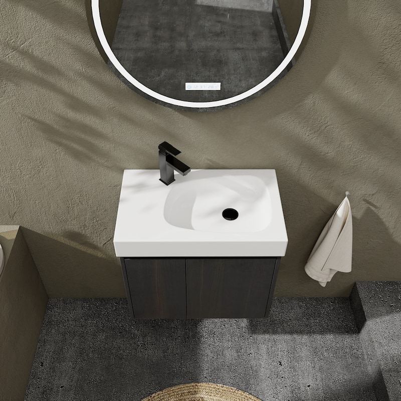 24 Inch Bathroom Vanity with Basin, Wall Mounted Floating Vanity Sink Combo, Wooden Storage Cabinet with Double Doors - Black