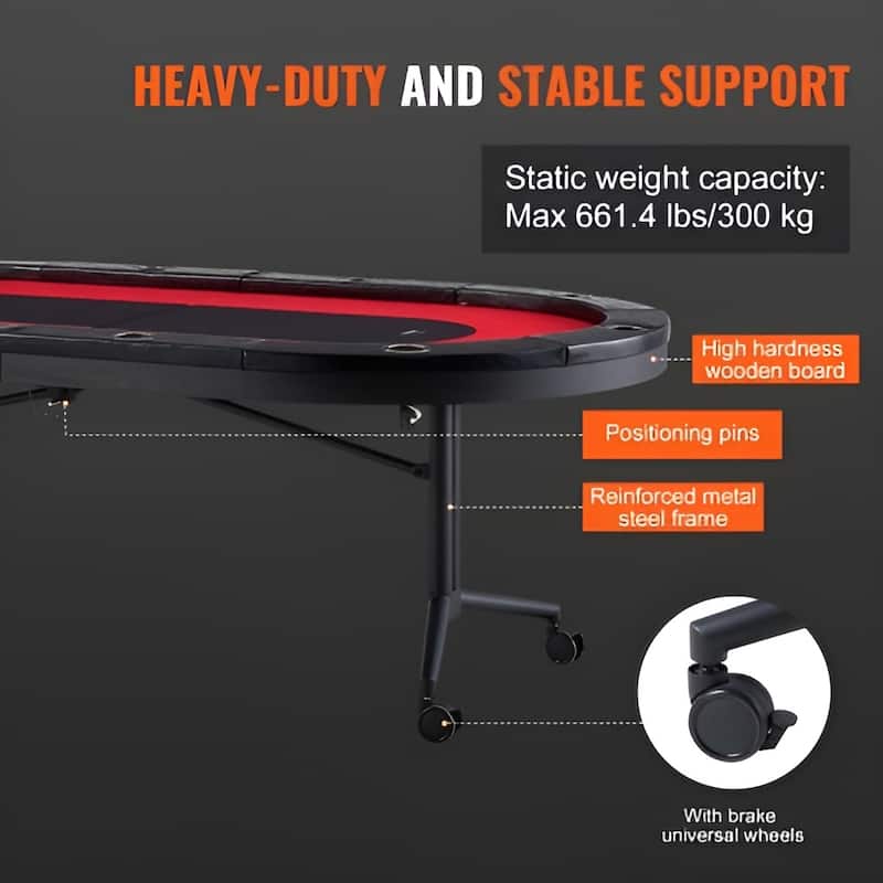 Black-Red Foldable Poker Table, Metal Steel Frame, Wooden Top and 10 Player Capacity - 90.2” L x 48” W x 31.5” H