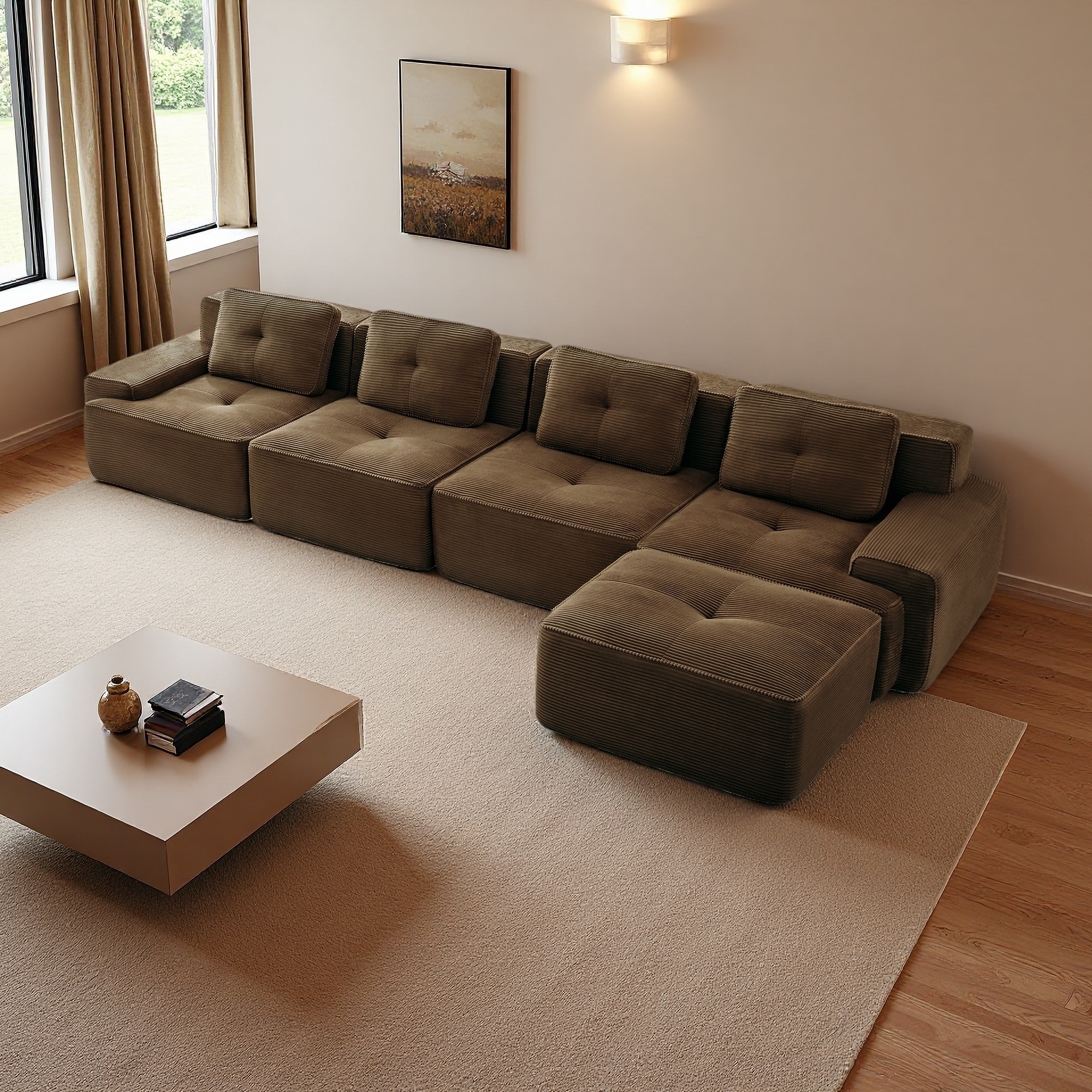 152.8" Corduroy L-Shaped Modular Sectional Sofa with Deep Seat & Movable Ottoman