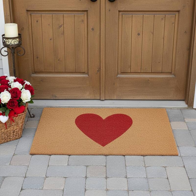 HomeRoots 24" X 48" Brown And Red Heart Outdoor Coir Door Mat - 24.00' X '48.00 - 24.00' X '48.00