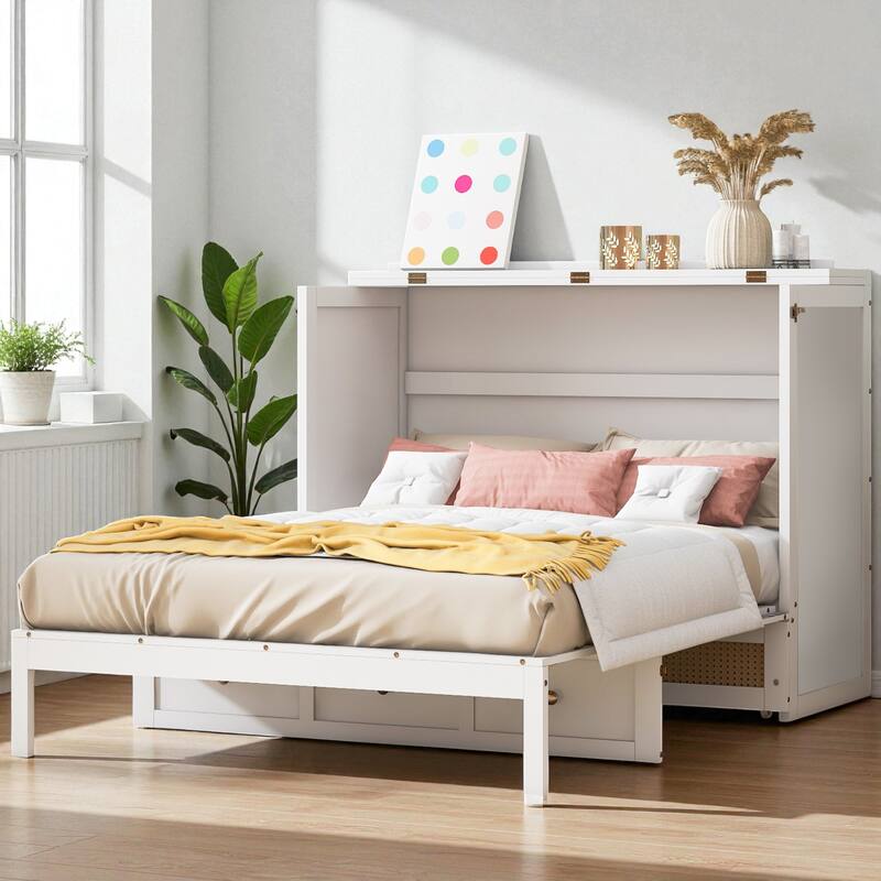 Full Size Murphy Bed with Large Storage Drawers, Space-Saving Foldable Wall Bed with Elegant Front Design