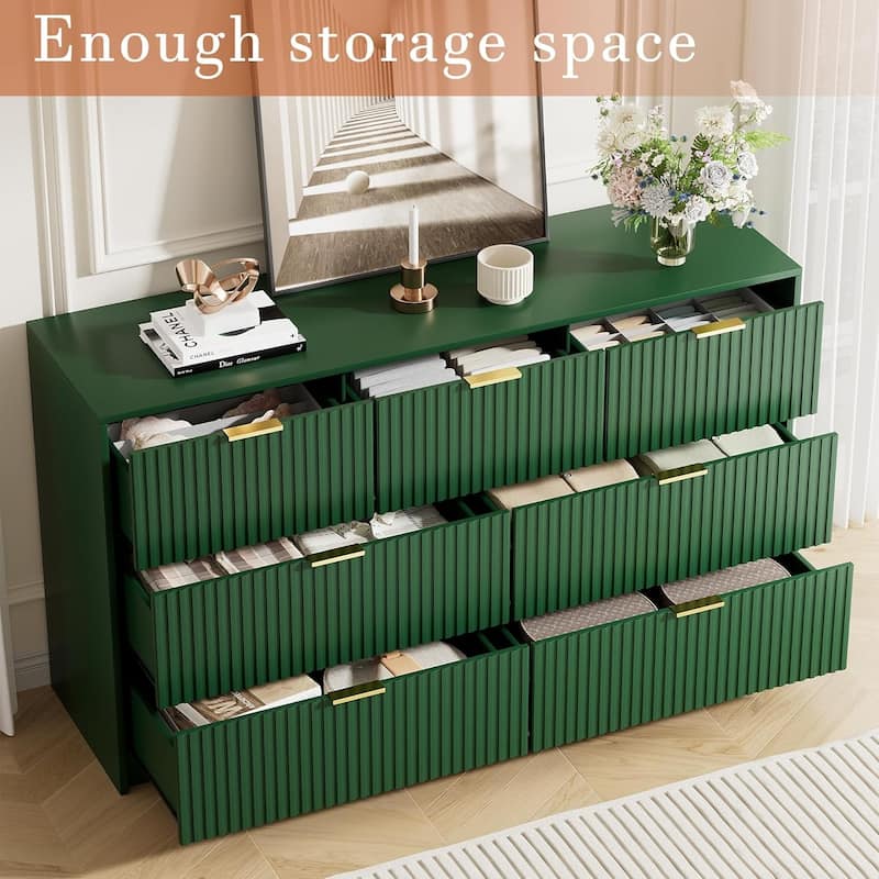 7 Drawer Dresser Fluted Wood Clothes Storage Cabinet, Modern Wide Dresser for Bedroom