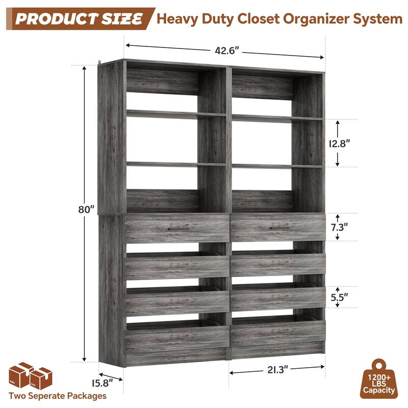 21.3'' W Closet System with 4 Wooden Drawers, 1.78FT Walk-in Closet Organizer Wardrobe with Adjustable Open Shelves