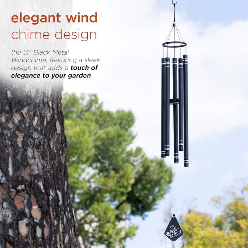 51" Black Metal Windchime with Butterfly Windcatcher
