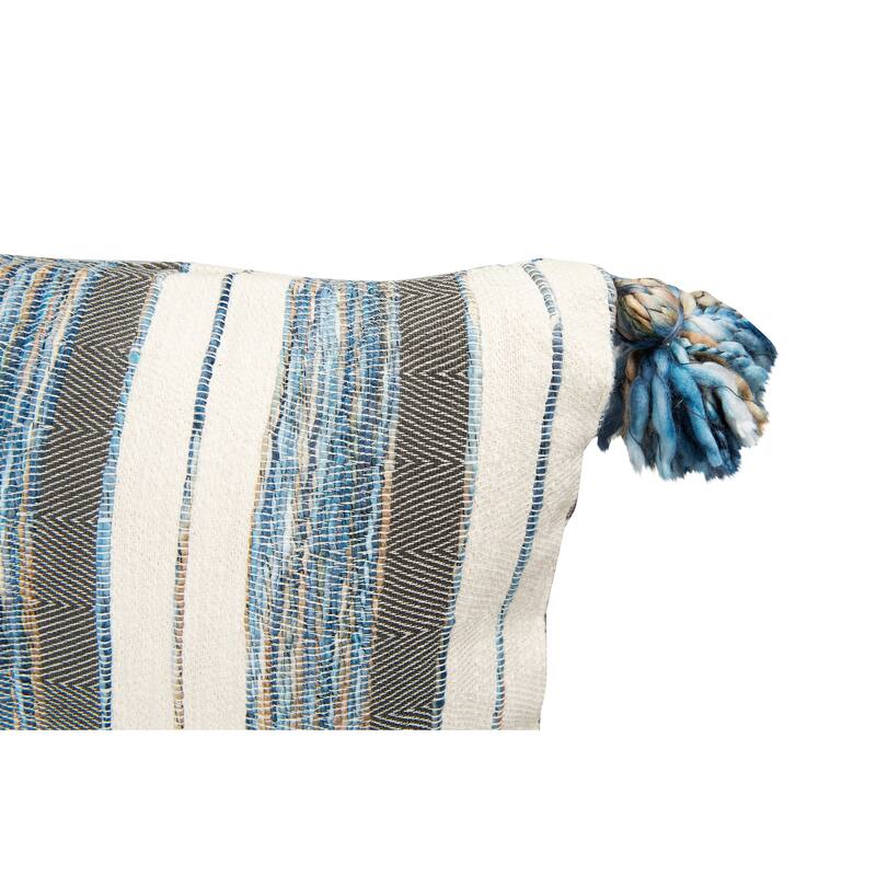 Blue, Grey & Cream Striped Cotton Blend Lumbar Pillow with Tassels