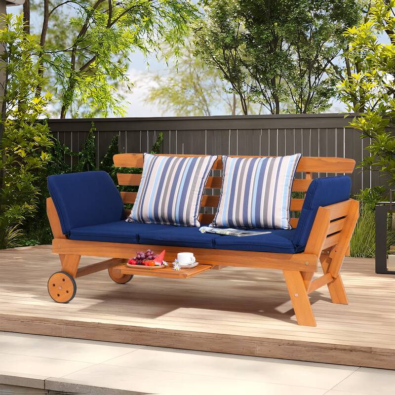 Outdoor Daybed Wooden Folding Lounge Chair with Front Tray and Wheels