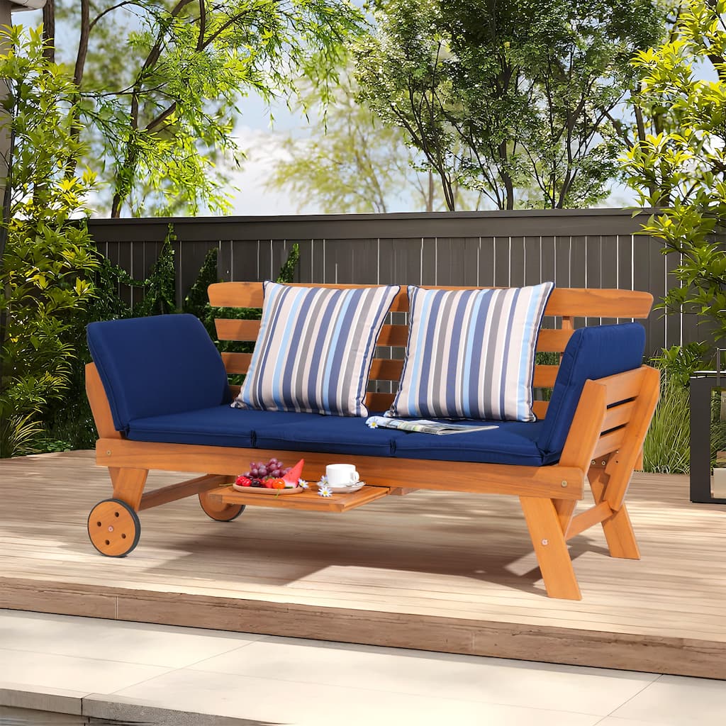 Outdoor Daybed Wooden Folding Lounge Chair with Front Tray and Wheels