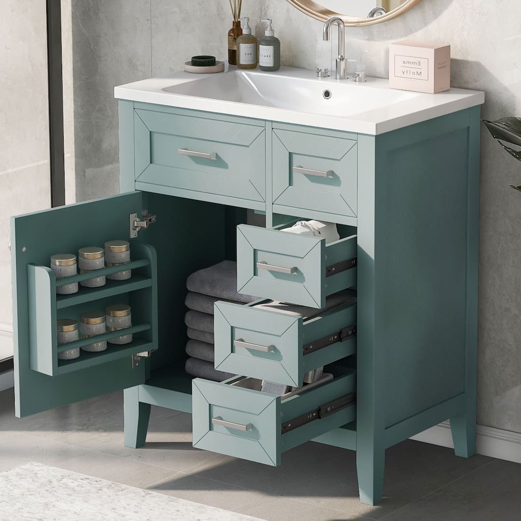 30-Inch Freestanding Green Bathroom Vanity with Ceramic Sink, Soft Close Drawers & Ample Storage