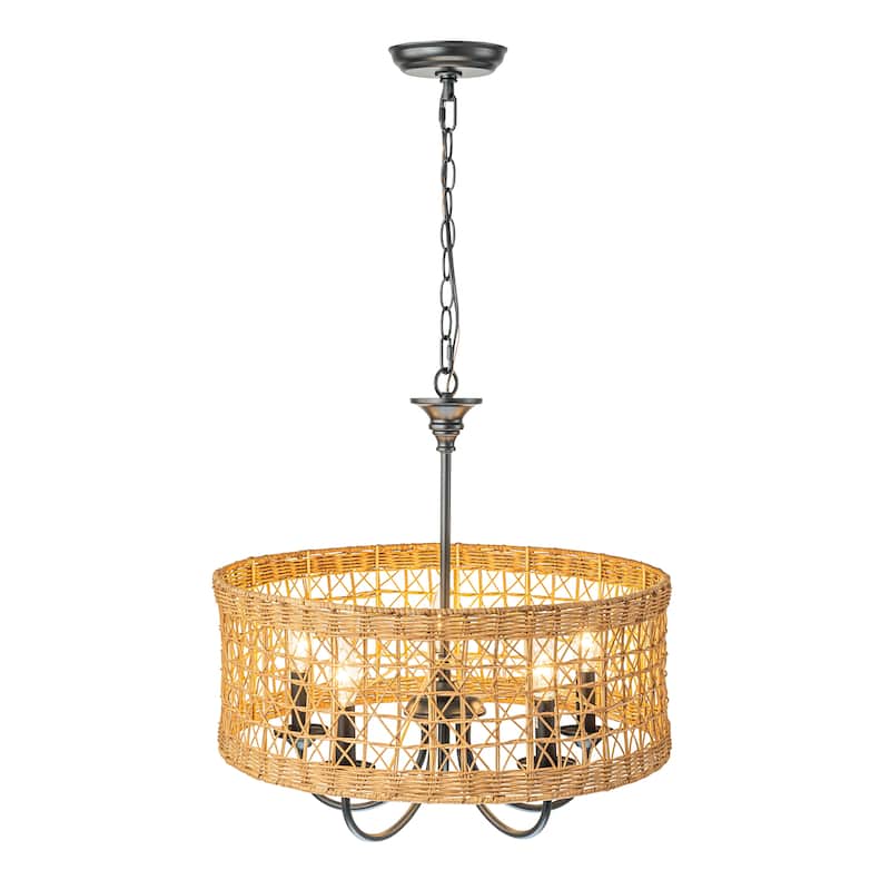 5-Light Farmhouse Handwoven Rattan Bamboo Drum Chandelier Modern Rustic ...