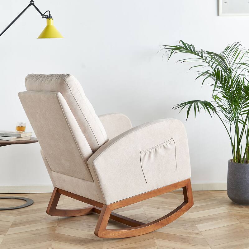 Glider Rocking Chair with Thick Padded Seat, Lounge Armchair with Side Pocket, High Back Sofa Chair with Wood Base