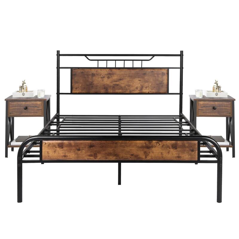 Taomika Mid Century 3-Pieces Bed and Nightstands Sets