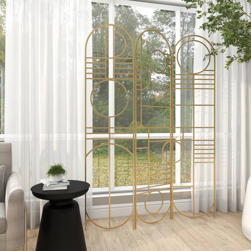 Gold Metal Hinged Foldable Arched Partition 3 Panel Geometric Partition Room Divider Screen