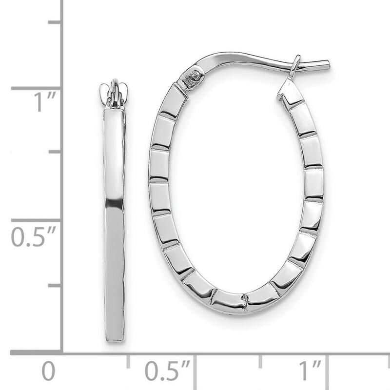 Curata 14k White Gold Striped Edge Oval Hoop Earrings - 24.55x16.85mm