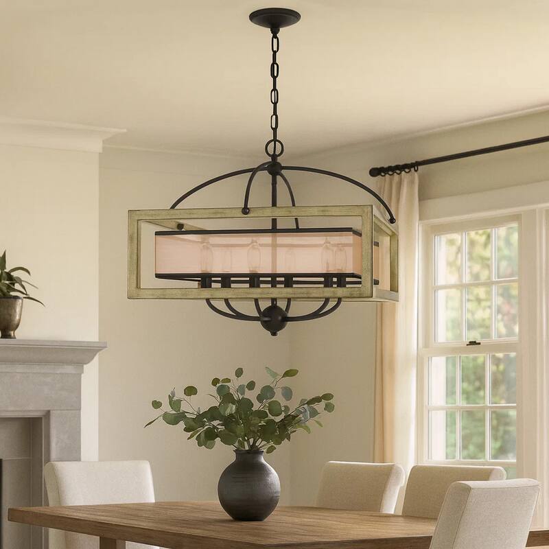 Acia 24 Inch Chandelier, Square Organza Shade, Wood, Metal