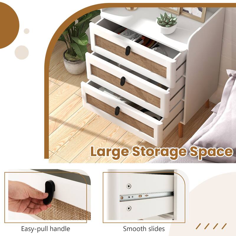 Gymax Modern Nightstand End Bedside Table w/ 3 Rattan Drawers & Solid