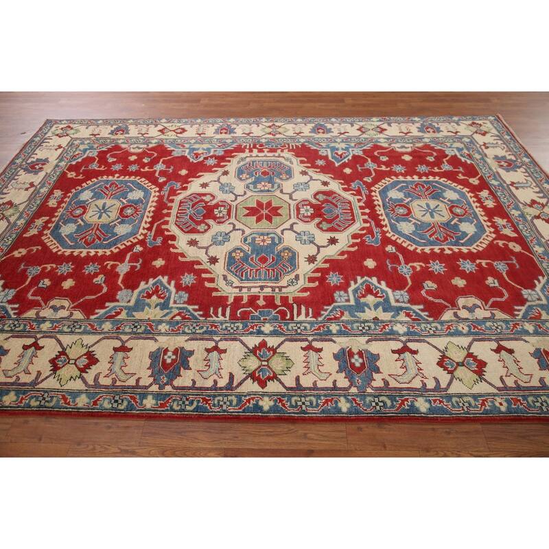Hand Knotted Oriental 100% Wool Carpet Traditional Geometric Red Kazak Area Rug - 9' 7'' X 6' 7''