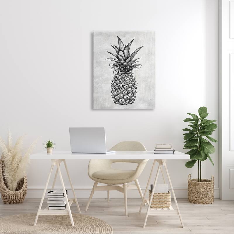 Stupell Bold Pineapple Line Drawing Rustic Pattern Black White Canvas Wall Art - Grey